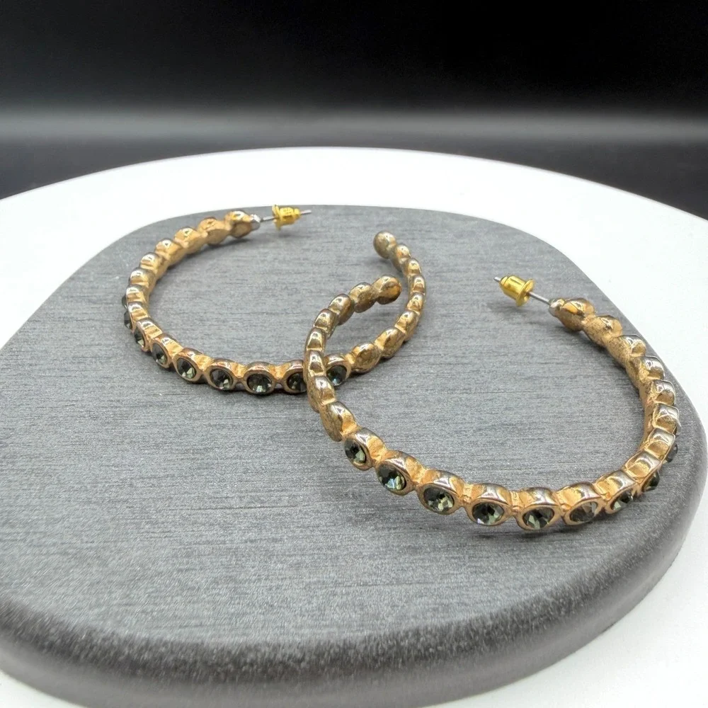 Gold Tone Smoky Gray Rhinestone Large Hoop Earrings Statement Costume Jewelry